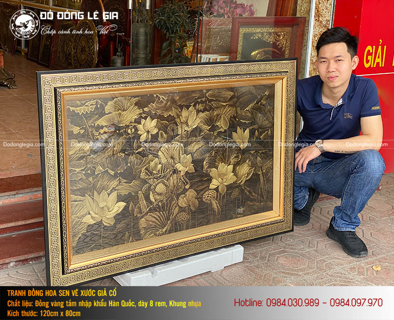 Tranh Hoa Sen Vẽ Trên Nền Đồng Xước 1m2x80cm