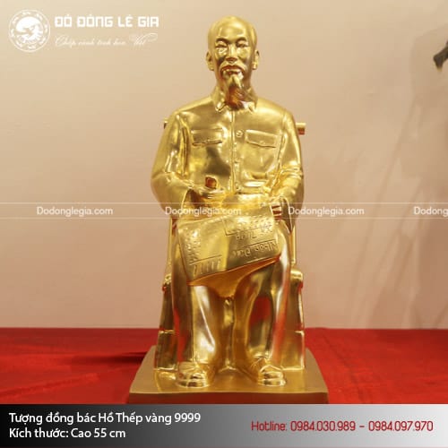 Tượng đồng Bác Hồ ngồi đọc báo thếp vàng 9999 cao 55cm- TGBHO.03