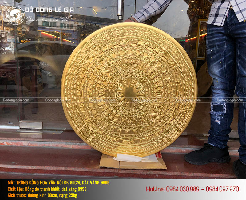 Mặt trống đồng đường kính 80cm dát vàng 9999