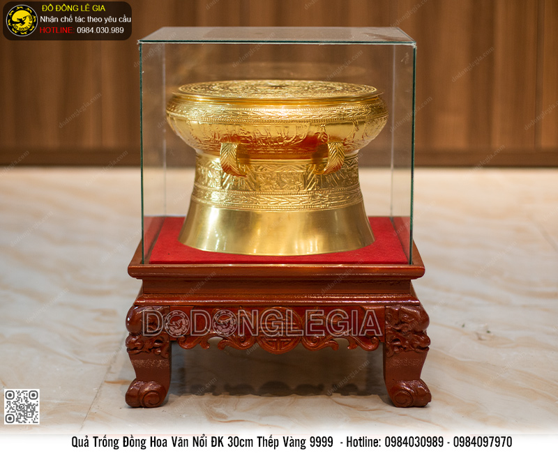 Quả Trống Đồng Hoa Văn Nổi  Thếp Vàng 9999 ĐK 30cm- TRGLON.03