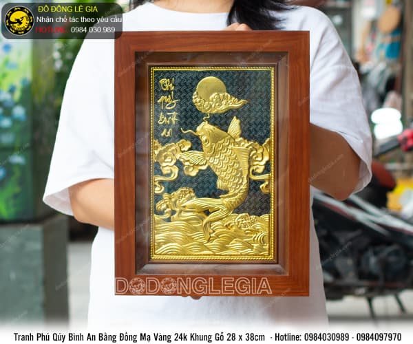 Tranh Phú Quý Bình An bằng đồng mạ vàng 24k khung gỗ 28x38cm   Lưu