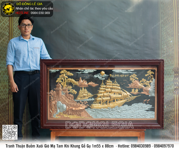 Tranh Thuận Buồm Xuôi Gió  Mạ Tam Khí Khung Gỗ Gụ KT 1m55 x 88cm- TRHTBUOM.16