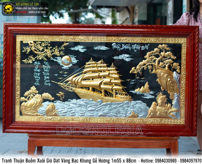 Tranh Đồng Thuận Buồm Xuôi Gió dát vàng bạc khung gỗ hương kt 1m55 x 88cm- TRHTBUOM.20