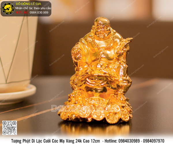 Tượng Phật Di Lặc Cưỡi Cóc bằng đồng mạ vàng 24k cao 12cm