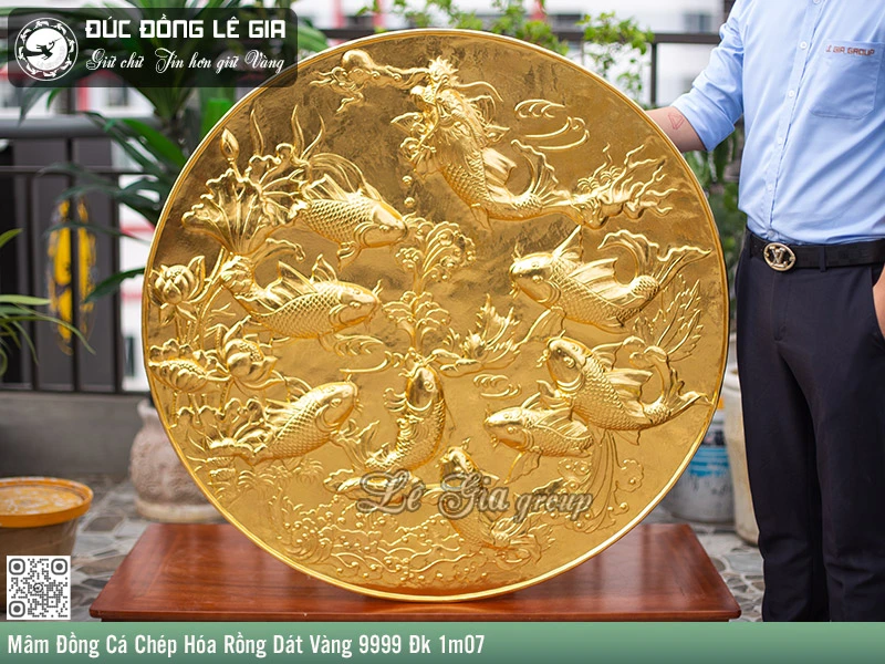 Mâm Đồng Cá Chép Hóa rồng dát vàng 9999 đk 1m07