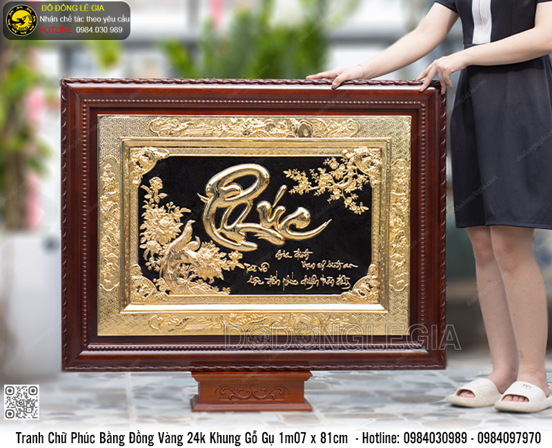 Tranh Chữ Phúc Bằng Đồng Mạ Vàng 24k Khung Gỗ Gụ 1m07 x 81cm- TRHCPHUC