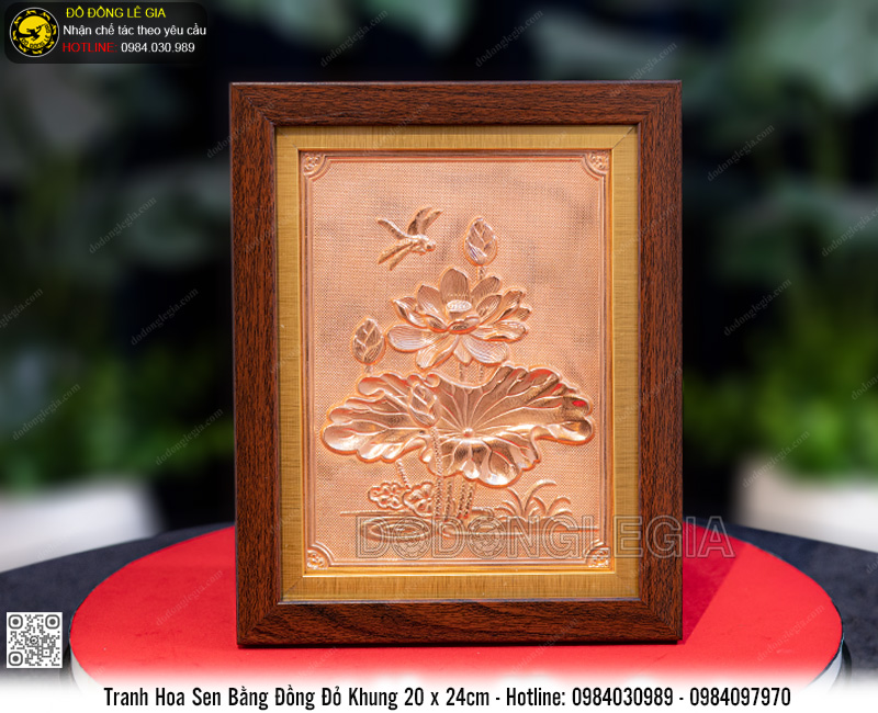 Tranh Hoa Sen Bằng Đồng Đỏ Khung 20 x 24cm