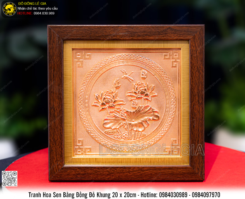 Tranh Hoa Sen Bằng Đồng Đỏ Khung 20 x 20cm