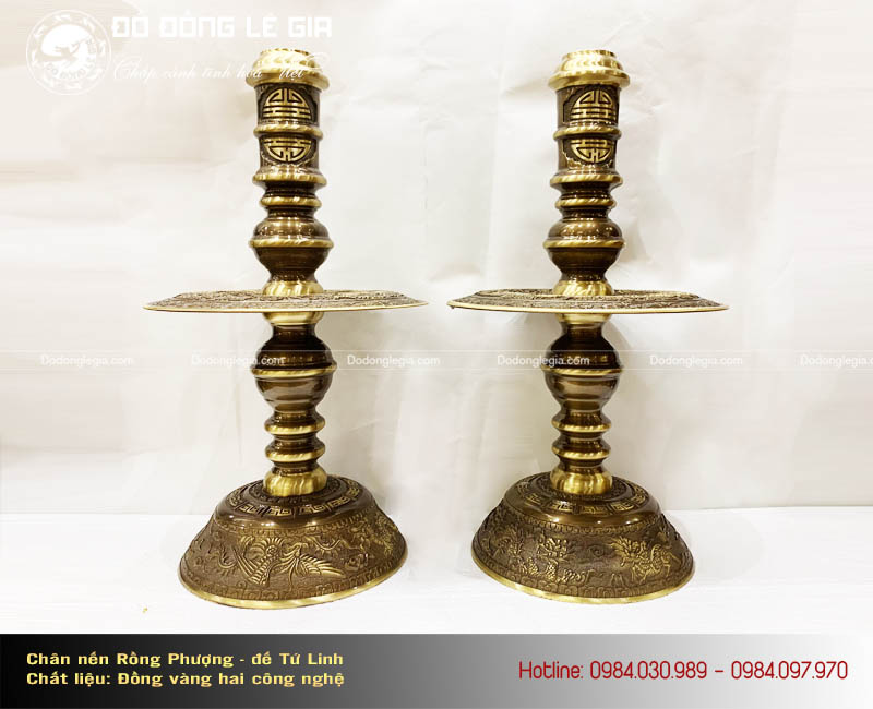 Chân nến thờ bằng đồng hai công nghệ mâm Rồng Phượng đế Tứ Linh
