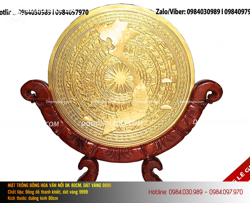 Mặt trống đồng dát vàng 9999 hình Bản đồ Việt Nam kèm giá gỗ