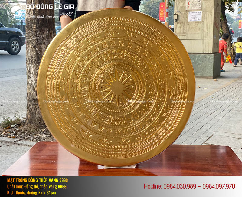Mặt trống đồng Ngọc Lũ thếp vàng 9999 đường kính 81cm