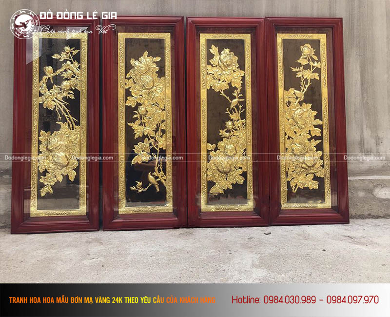 Tranh Tứ Bình Hoa Mẫu Đơn mạ vàng khung Gỗ Sồi 127×41 cm