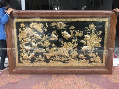 Tranh Cửu Ngư Quần Hội Mạ Vàng 24k Khung Gỗ Óc Chó