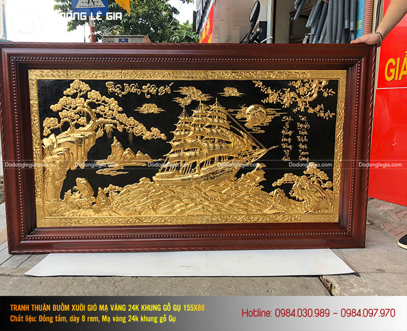 Tranh Thuận Buồm Xuôi Gió Mạ Vàng 24K Khung Gỗ Gụ 1m55x88cm