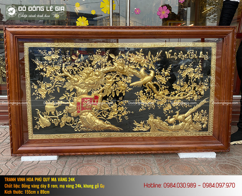 Tranh đồng vinh hoa phú quý mạ vàng 24K khung gỗ gụ