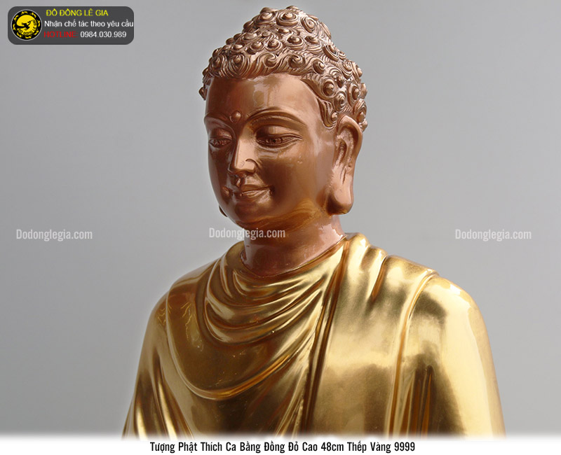 Tượng Phật Thích Ca bằng đồng đỏ cao 48cm thếp vàng 9999
