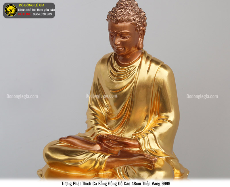 Tượng Phật Thích Ca bằng đồng đỏ cao 48cm thếp vàng 9999