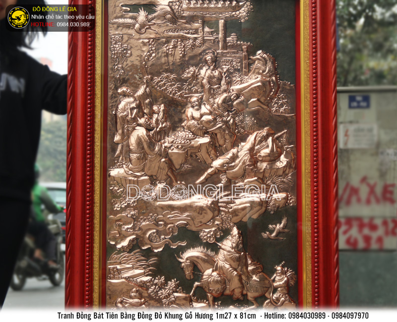 Tranh Bát Tiên bằng đồng đỏ KT 127x81cm khung gỗ hương
