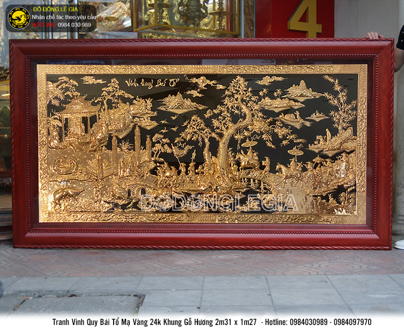 Tranh Vinh Quy Bái Tổ bằng đồng mạ vàng 24k KT 2m31x1m27 khung gỗ hương