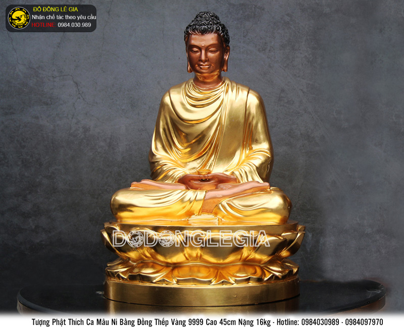 Tượng Phật Thích Ca bằng đồng đỏ cao 45cm, dát vàng 9999