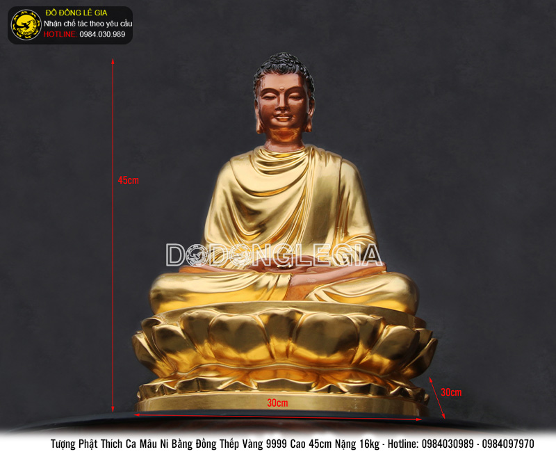 Tượng Phật Thích Ca bằng đồng đỏ cao 45cm, dát vàng 9999