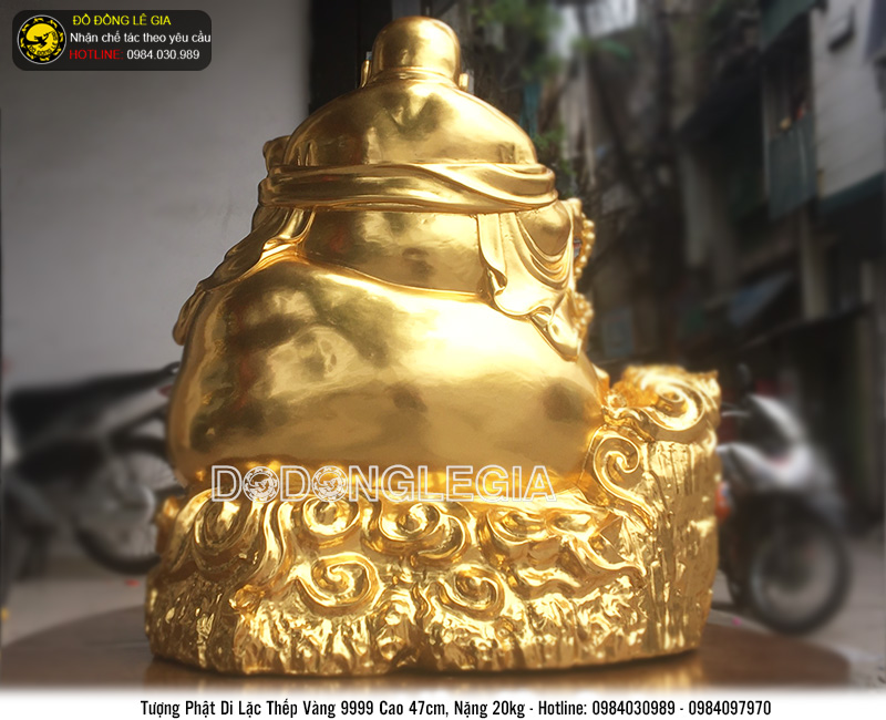 Tượng Phật Di Lặc cầm gậy như ý thếp vàng 9999