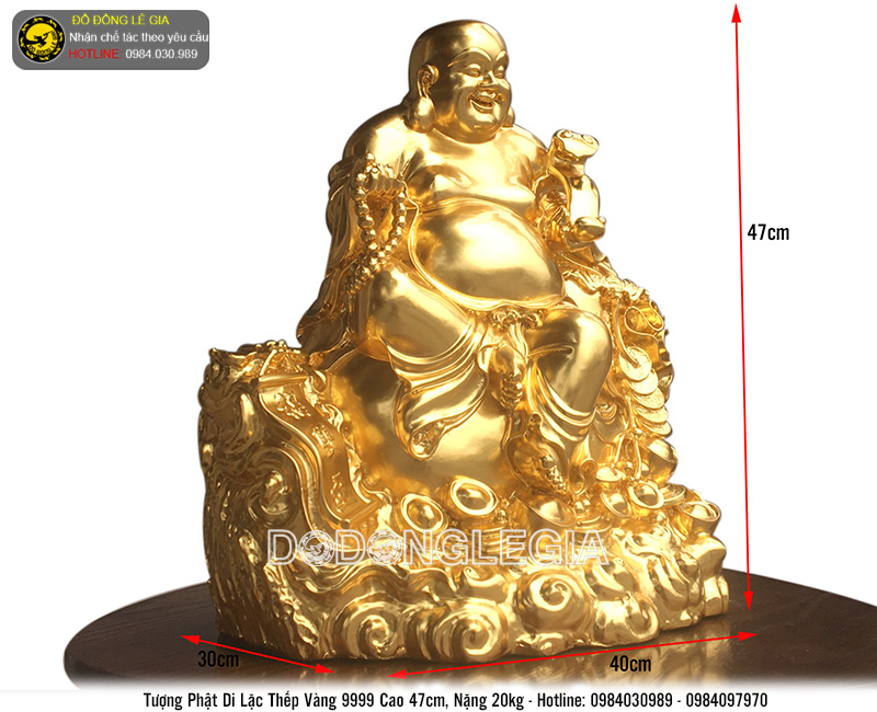 Tượng Phật Di Lặc cầm gậy như ý thếp vàng 9999