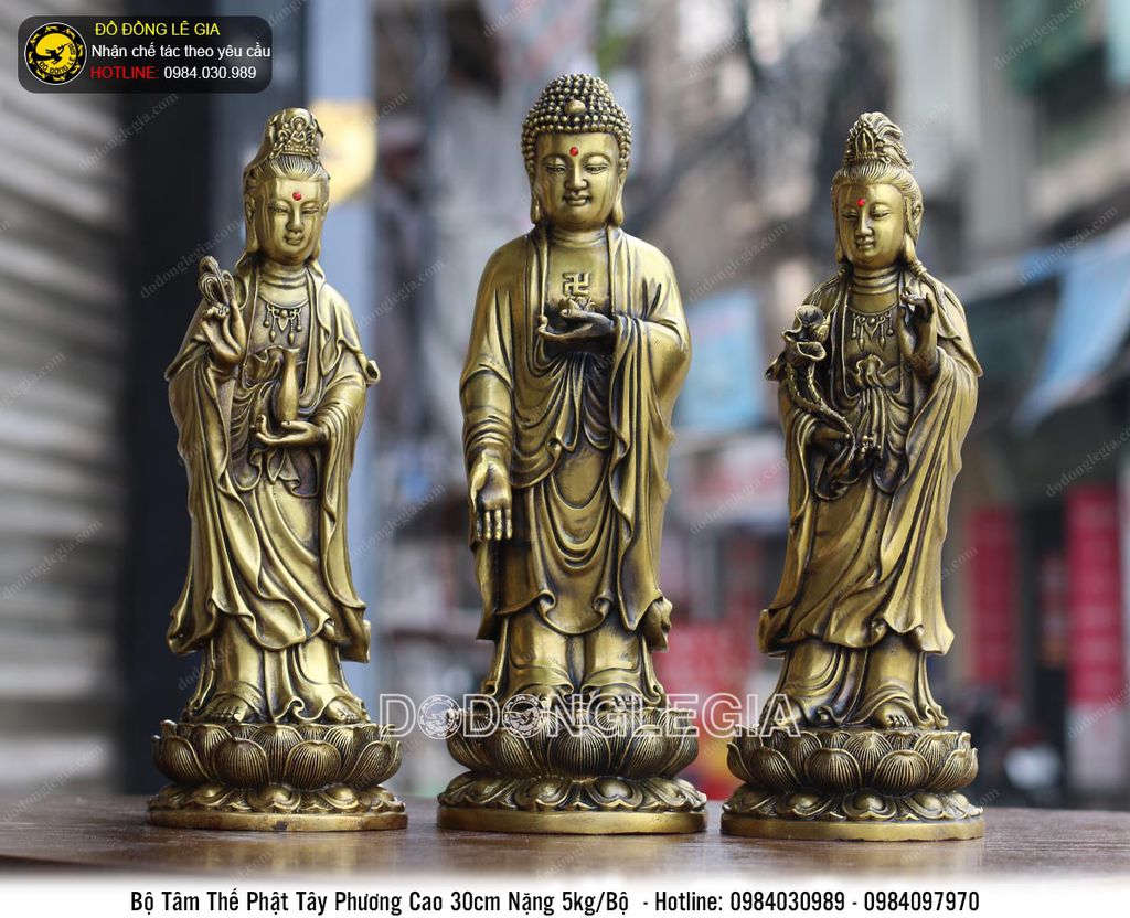 Bộ tượng đồng Tâm Thế Phật Tây Phương cao 30cm nặng 5kg