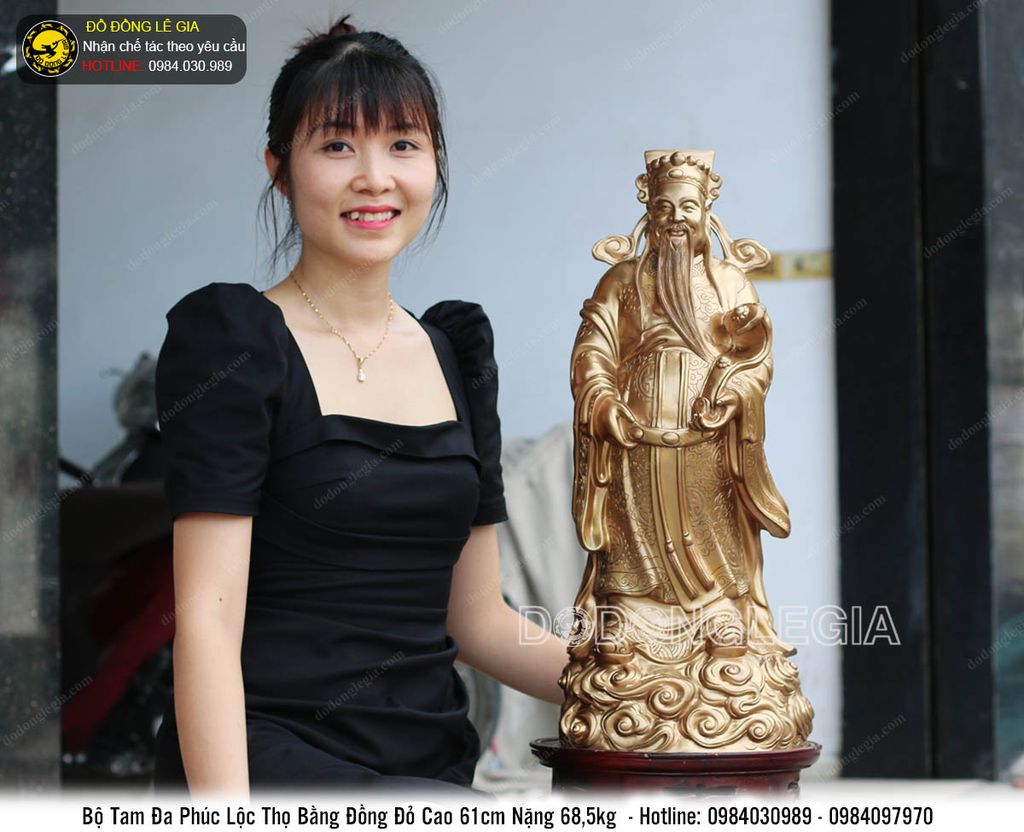 Bộ tượng Phúc Lộc Thọ bằng đồng đỏ chặt hoa văn cao 61cm