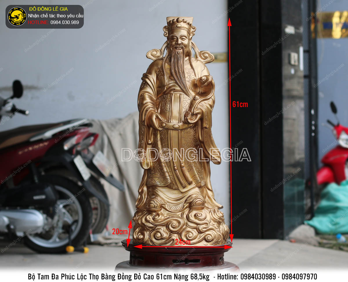 Bộ tượng Phúc Lộc Thọ bằng đồng đỏ chặt hoa văn cao 61cm