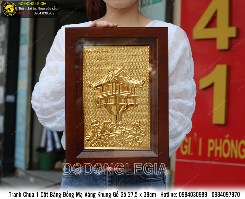 Tranh Chùa 1 Cột mạ vàng khung gỗ trò 27,5 x 38cm