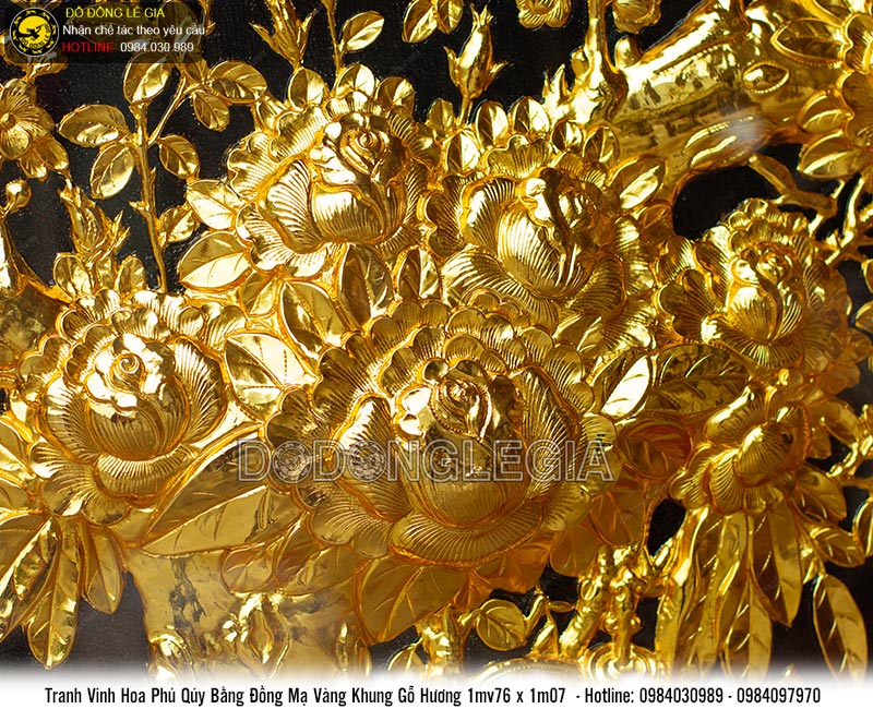 Tranh vinh hoa phú quý bằng đồng mạ vàng 24k KT 1m76x1m07 khung gỗ hương