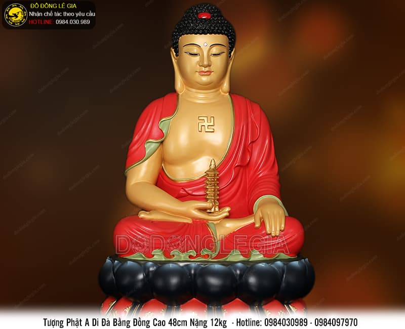 Tôn tượng Phật A Di Đà cầm tháp bằng đồng cao 48cm hàng cao cấp