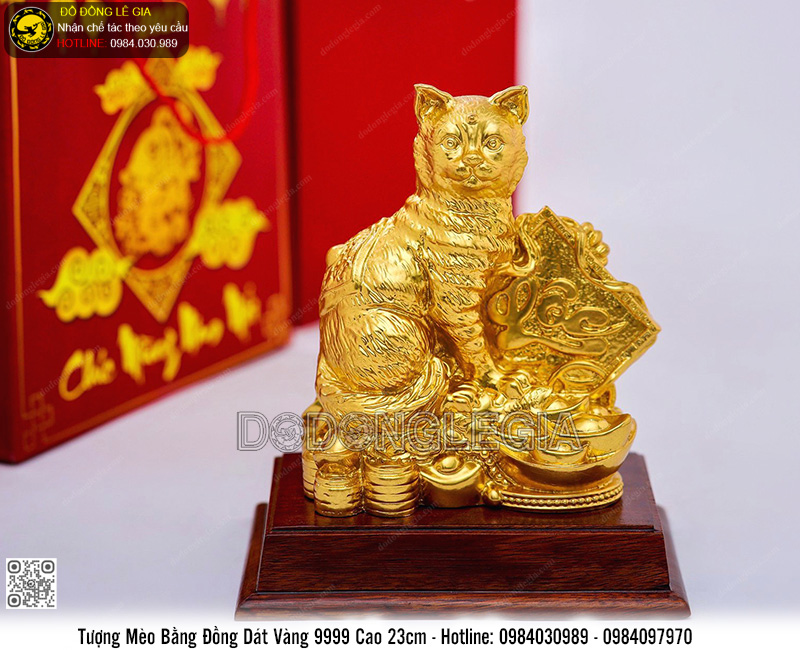 Tượng mèo chữ Lộc bằng đồng dát vàng 9999