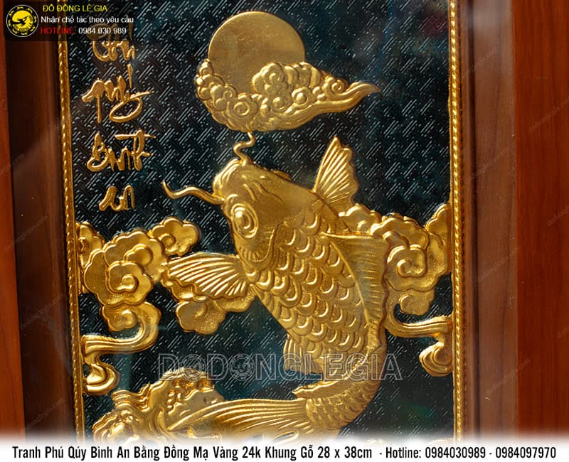 Tranh Phú Quý Bình An bằng đồng mạ vàng 24k khung gỗ 28x38cm   Lưu
