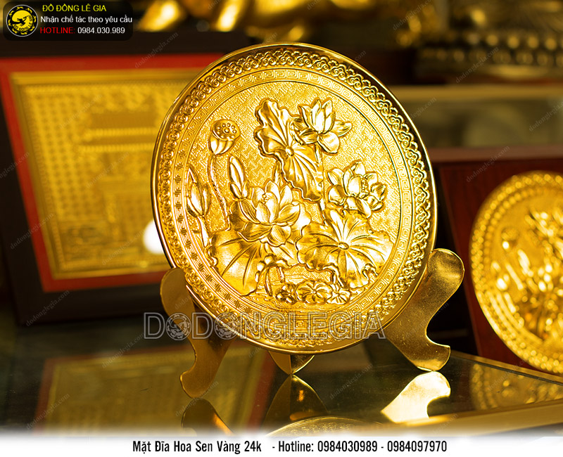 Mặt Đĩa Hoa Sen bằng đồng mạ vàng 24k ĐK21cm