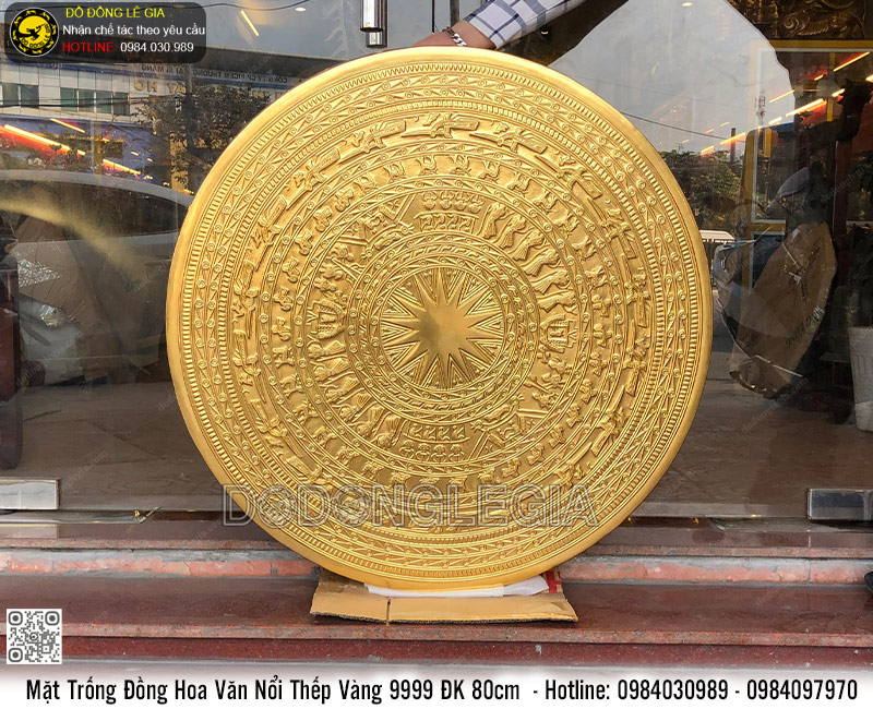 Mặt Trống Đồng Hoa Văn Nổi ĐK 80cm dát vàng 9999