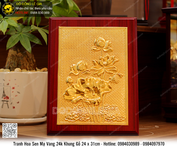 Tranh Hoa Sen mạ vàng 24k khung gỗ 24x31cm