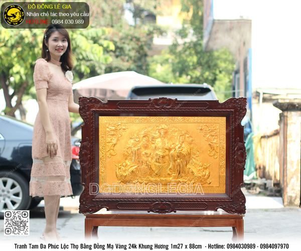 Tranh Tam Đa Phúc Lộc Thọ mạ vàng 24k khung gỗ hương 1m27 x 88cm