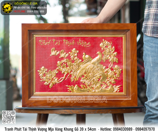 Tranh Phát Tài Thịnh Vượng mạ vàng 24k khung gỗ 39x54cm