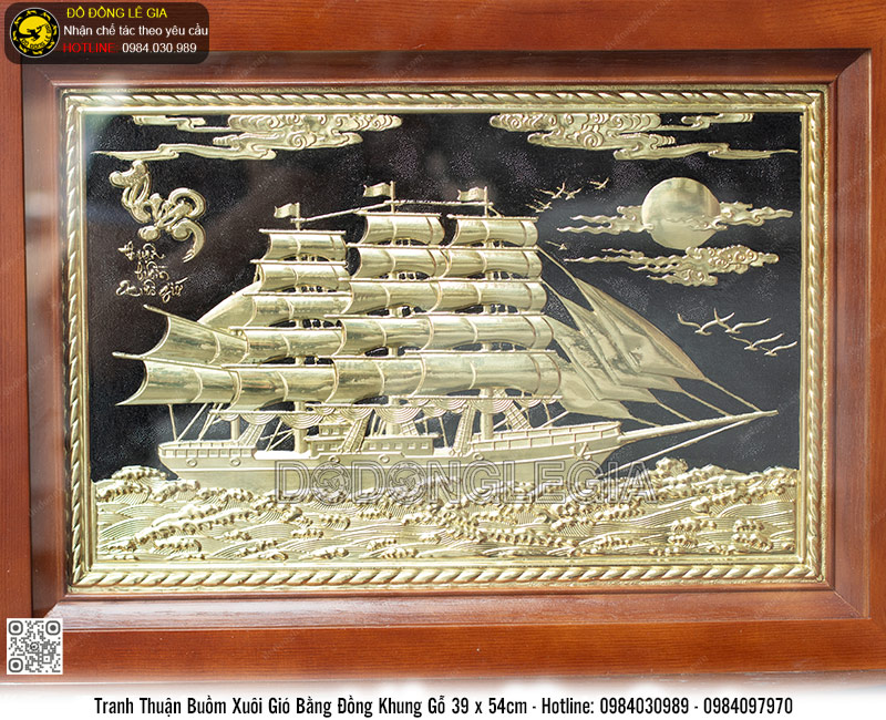 Tranh Thuận Buồm Xuôi Gió bằng đồng mạ vàng 24k khung gỗ 38.5 x 53.5cm