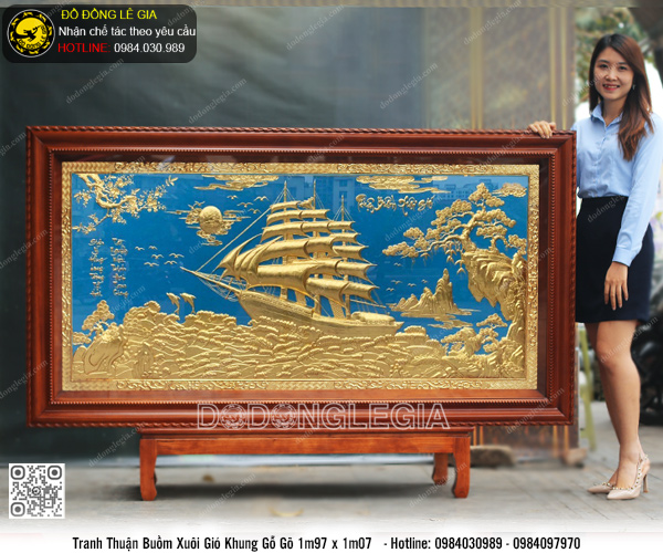 Tranh Thuận Buồm Xuôi Gió mạ vàng 24k khung gỗ gõ 1m97 x 1m07- TRHTBUOM.15
