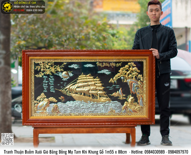 Tranh Thuận Buồm Xuôi Gió bằng đồng mạ tam khí khung gỗ 1m55 x 88cm