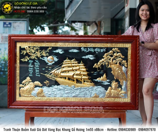 Tranh Đồng Thuận Buồm Xuôi Gió dát vàng bạc khung gỗ hương 1m55 x 88cm