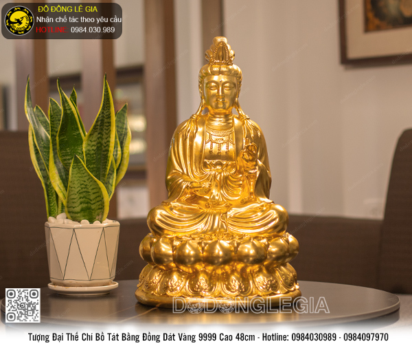 Tượng Phật Quan Âm Đại Thế Chí bằng đồng thếp vàng 9999 cao 48cm