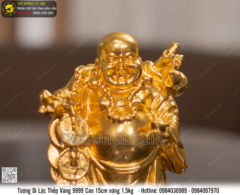 Tượng Phật Di Lặc bằng đồng thếp vàng 9999 cao 15cm