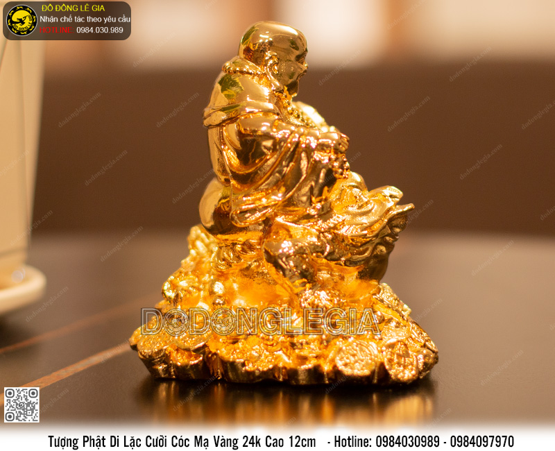 Tượng Phật Di Lặc Cưỡi Cóc bằng đồng mạ vàng 24k cao 12cm
