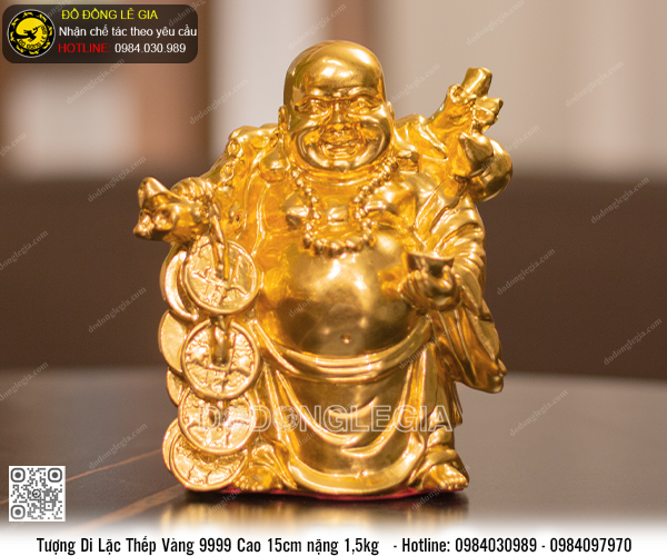 Tượng Phật Di Lặc bằng đồng thếp vàng 9999 cao 15cm