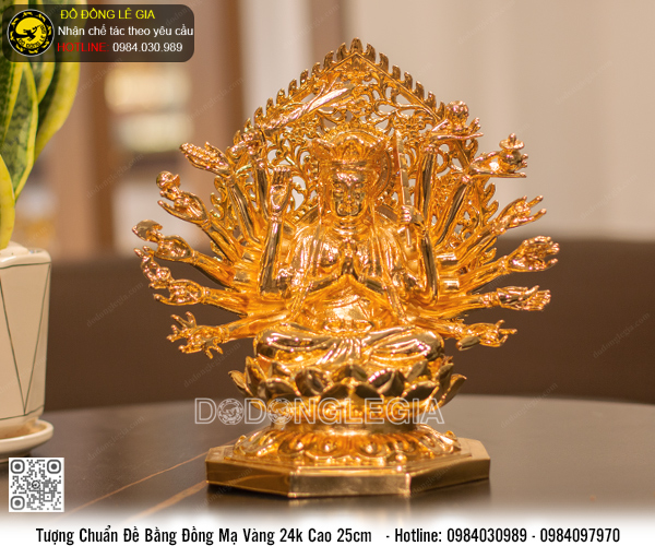 Tượng Phật Chuẩn Đề bằng đồng mạ vàng 24k cao 25cm