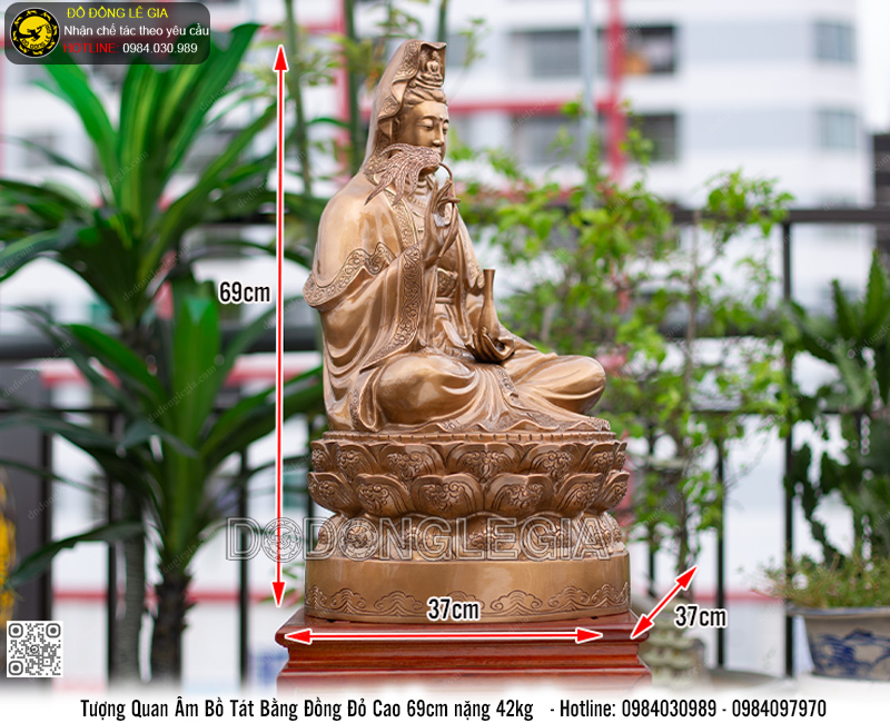 Tượng Phật Quan Âm đồng đỏ cao 69cm